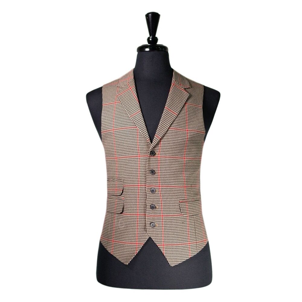 Mens Houndstooth Vest 40R Beige Wool Waistcoat Red Windowpane Formal Wedding